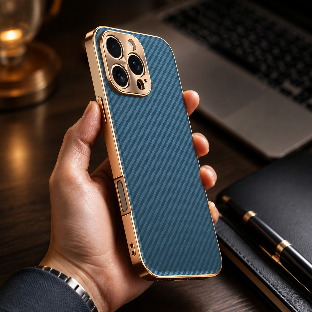 Premium iPhone Case Carbon Fiber Textured Leather Alloy Metal Camera Guard Shockproof Wireless Charging Slim Protective Cover Durable Modern Design