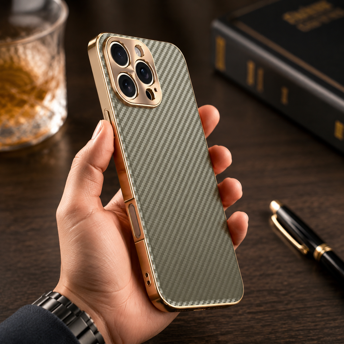 Premium iPhone Case Carbon Fiber Textured Leather Alloy Metal Camera Guard Shockproof Wireless Charging Slim Protective Cover Durable Modern Design