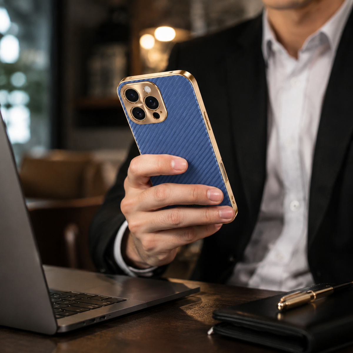 Premium iPhone Case Carbon Fiber Textured Leather Alloy Metal Camera Guard Shockproof Wireless Charging Slim Protective Cover Durable Modern Design
