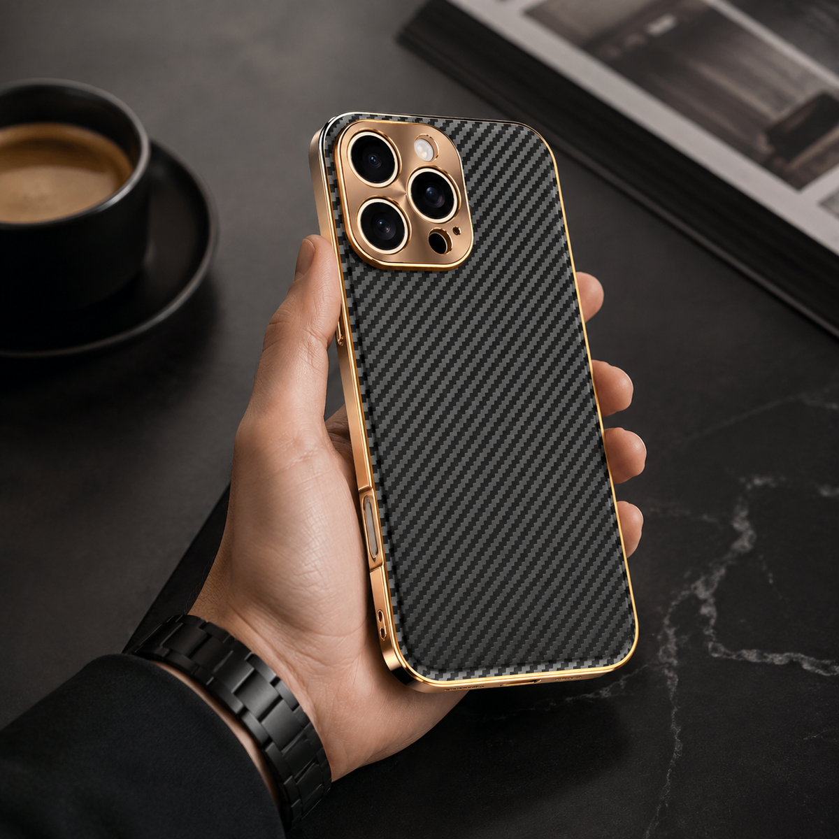 Premium iPhone Case Carbon Fiber Textured Leather Alloy Metal Camera Guard Shockproof Wireless Charging Slim Protective Cover Durable Modern Design