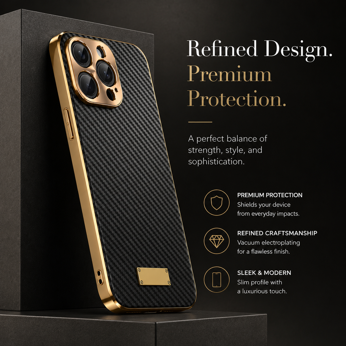 Premium iPhone Case Carbon Fiber Textured Leather Alloy Metal Camera Guard Shockproof Wireless Charging Slim Protective Cover Durable Modern Design
