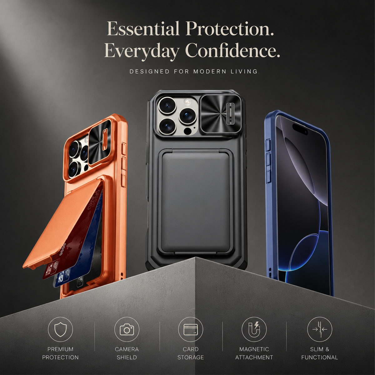 Premium iPhone Case Card Holder Wallet Anti Drop Protective Cover Shockproof Slim Hard Back Secure Card Storage Non Slip Lightweight Everyday Case