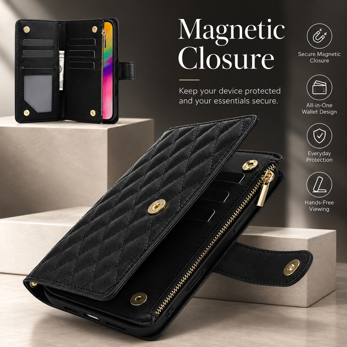 Premium iPhone Case Chain Zipper Wallet Flip Cover Card Holder Magnetic Closure Shockproof Leather Protection Kickstand Crossbody Strap Slim Design