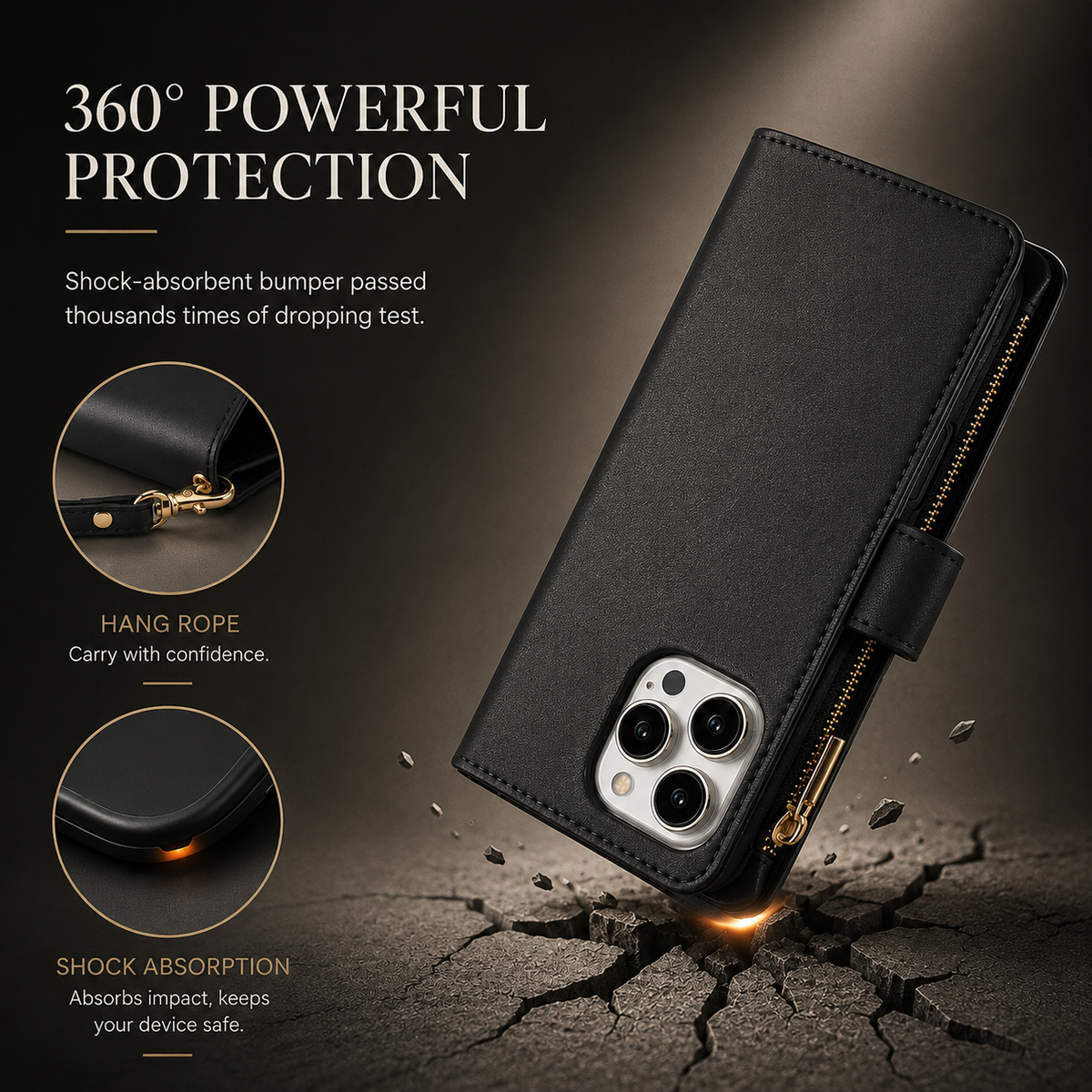 Premium iPhone Case Chain Zipper Wallet Flip Cover Card Holder Magnetic Closure Shockproof Leather Protection Kickstand Crossbody Strap Slim Design
