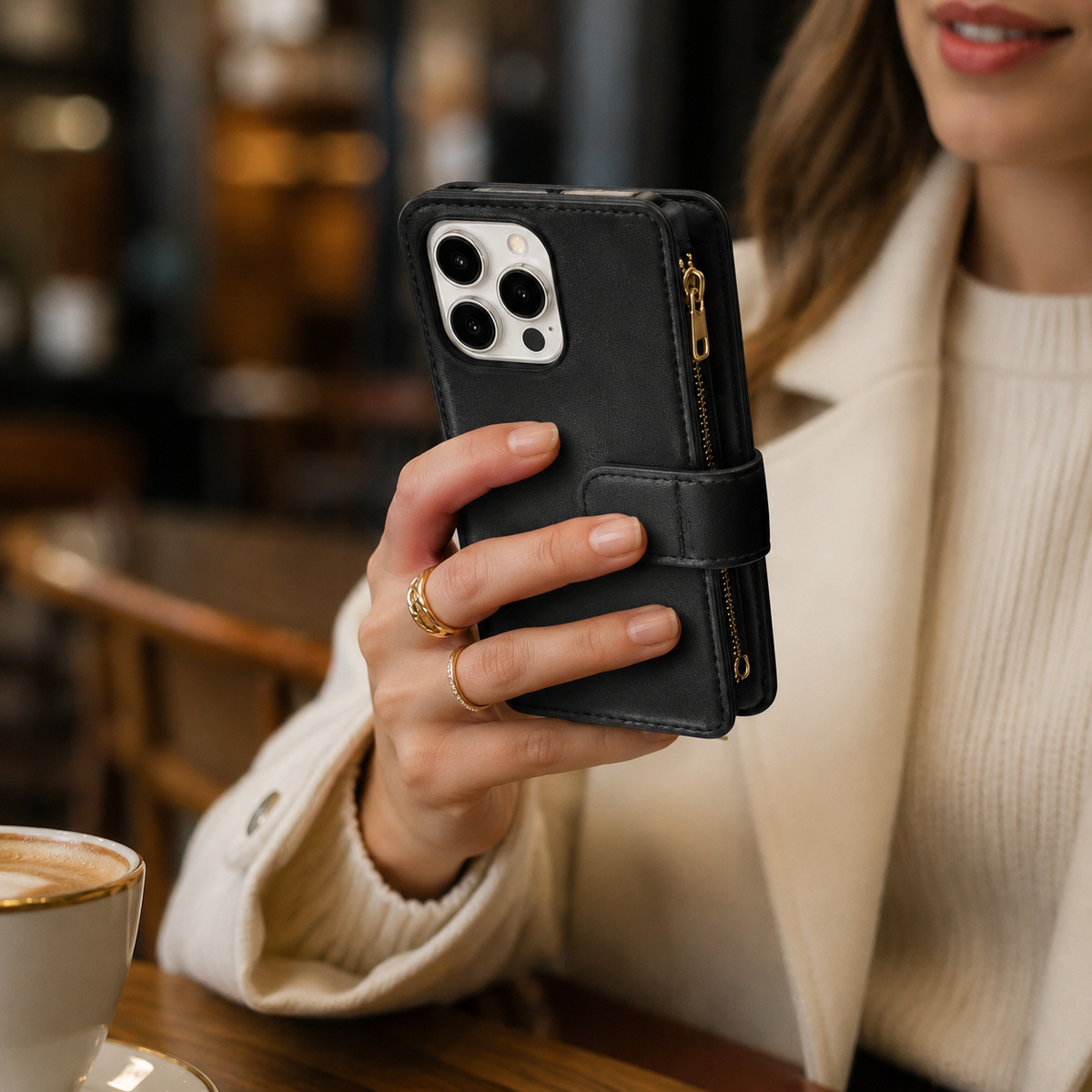 Premium iPhone Case Chain Zipper Wallet Flip Cover Card Holder Magnetic Closure Shockproof Leather Protection Kickstand Crossbody Strap Slim Design