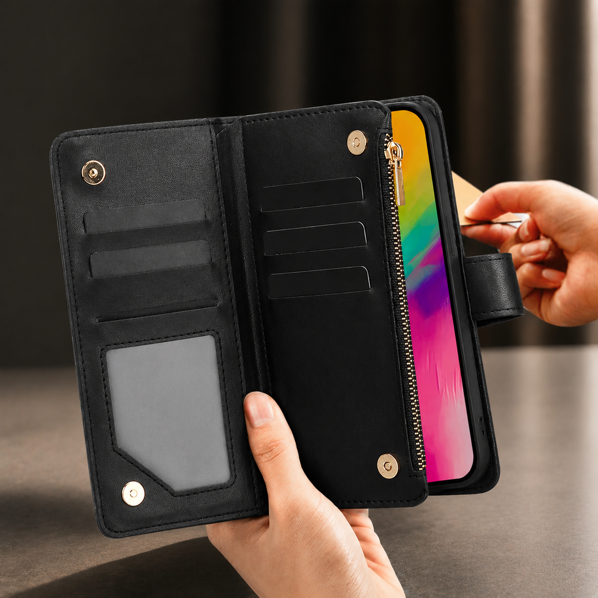 Premium iPhone Case Chain Zipper Wallet Flip Cover Card Holder Magnetic Closure Shockproof Leather Protection Kickstand Crossbody Strap Slim Design