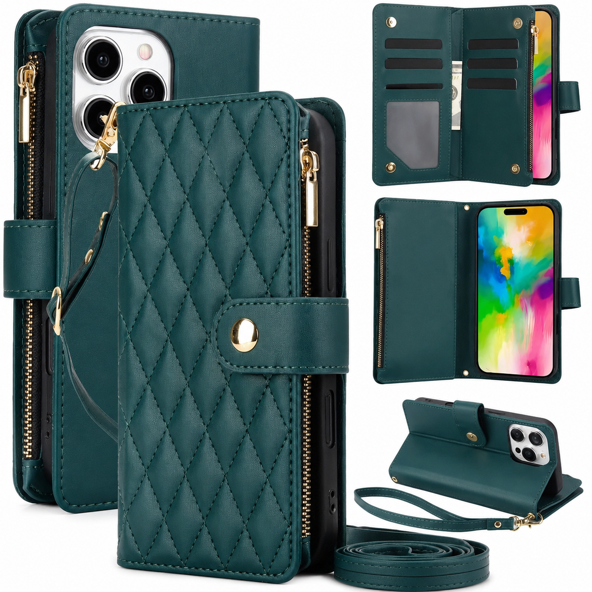 Premium iPhone Case Chain Zipper Wallet Flip Cover Card Holder Magnetic Closure Shockproof Leather Protection Kickstand Crossbody Strap Slim Design