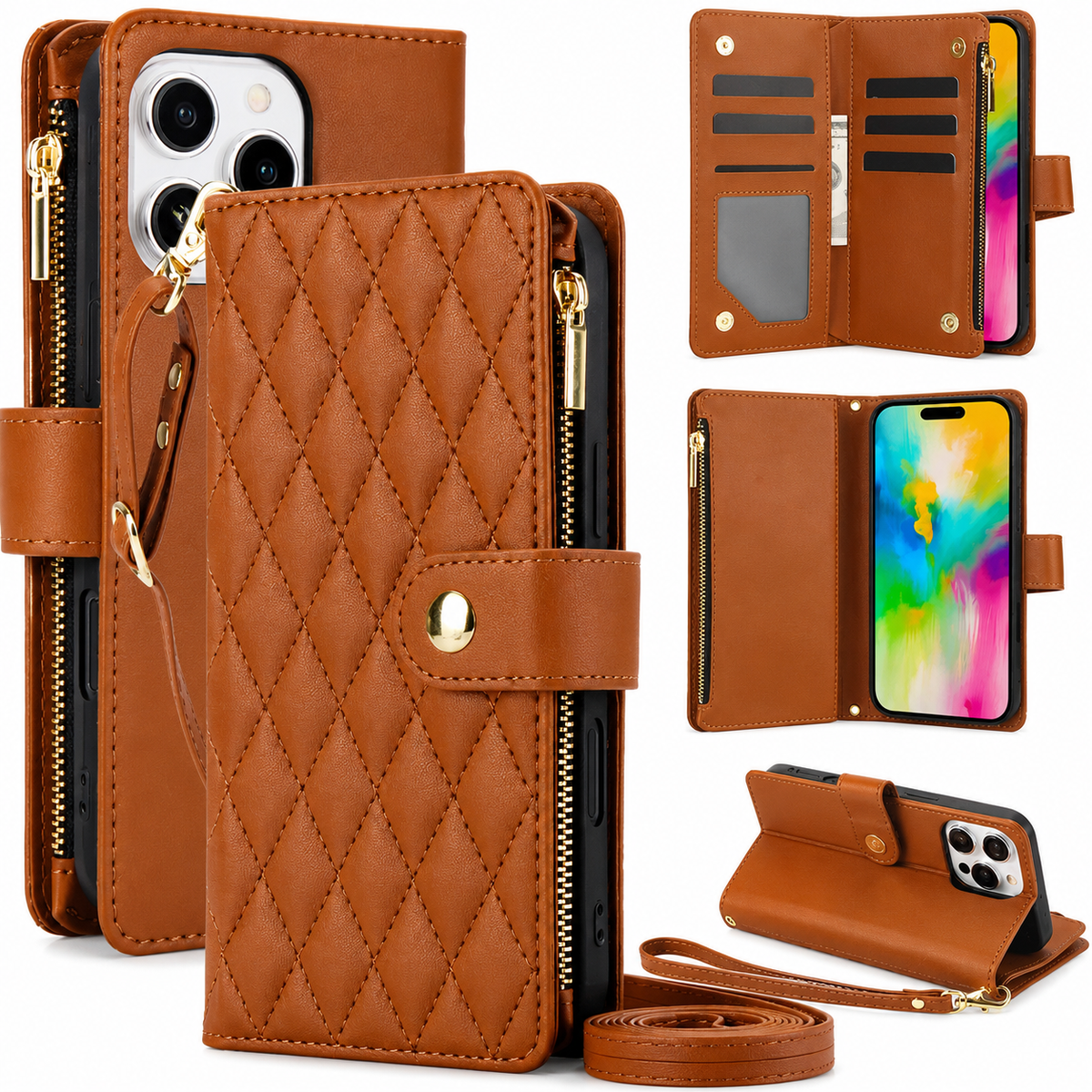Premium iPhone Case Chain Zipper Wallet Flip Cover Card Holder Magnetic Closure Shockproof Leather Protection Kickstand Crossbody Strap Slim Design