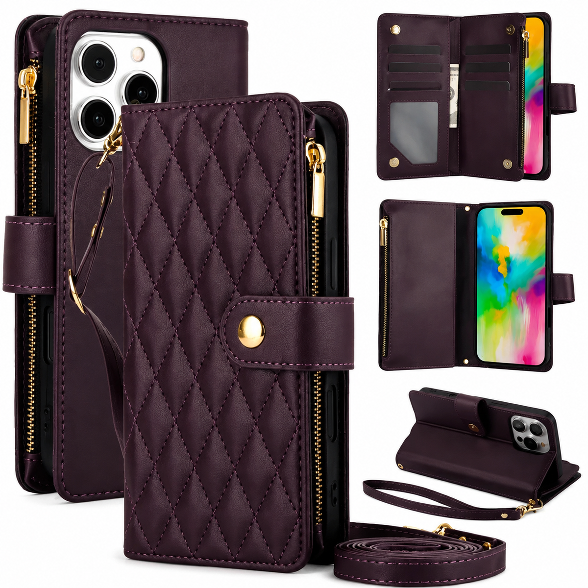Premium iPhone Case Chain Zipper Wallet Flip Cover Card Holder Magnetic Closure Shockproof Leather Protection Kickstand Crossbody Strap Slim Design