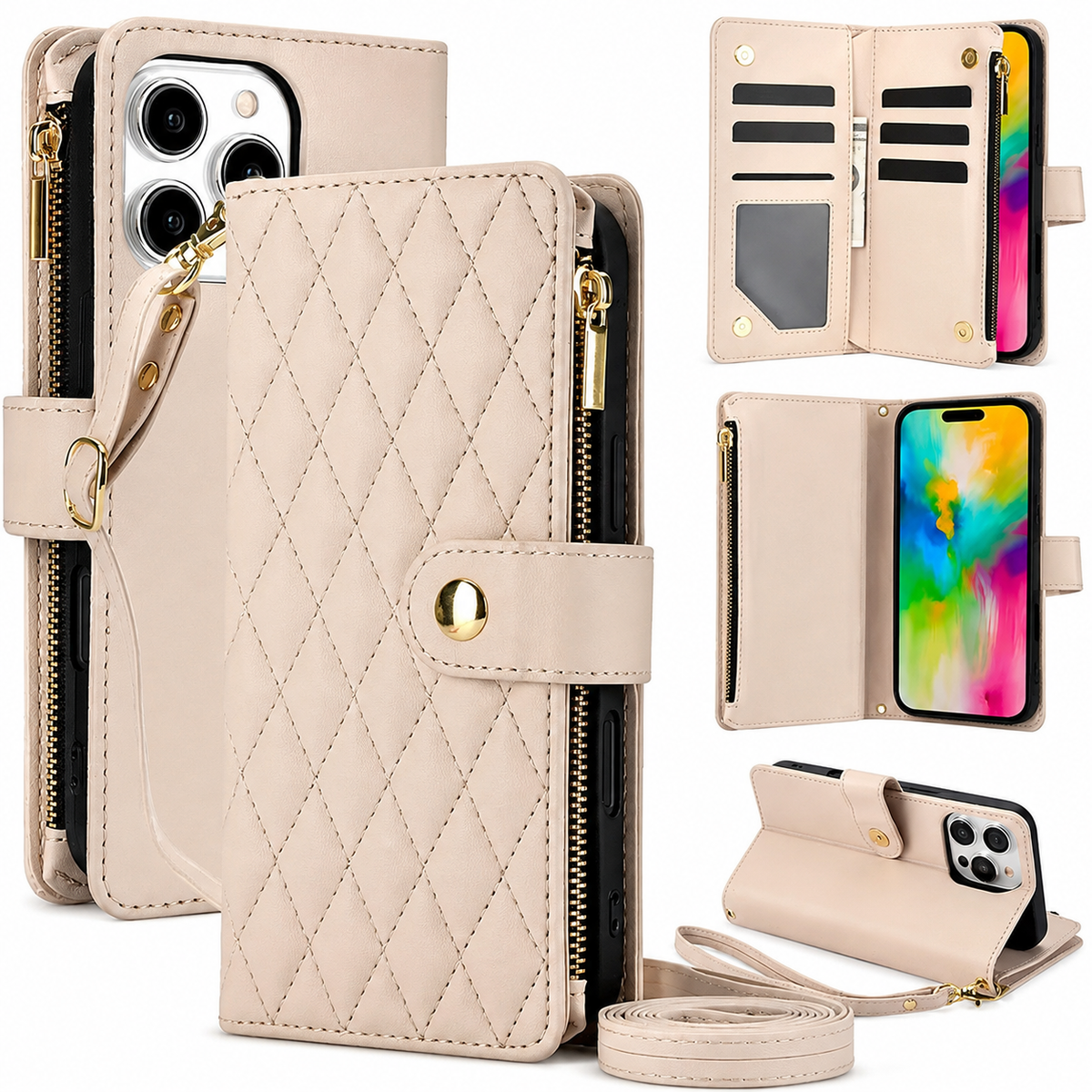 Premium iPhone Case Chain Zipper Wallet Flip Cover Card Holder Magnetic Closure Shockproof Leather Protection Kickstand Crossbody Strap Slim Design