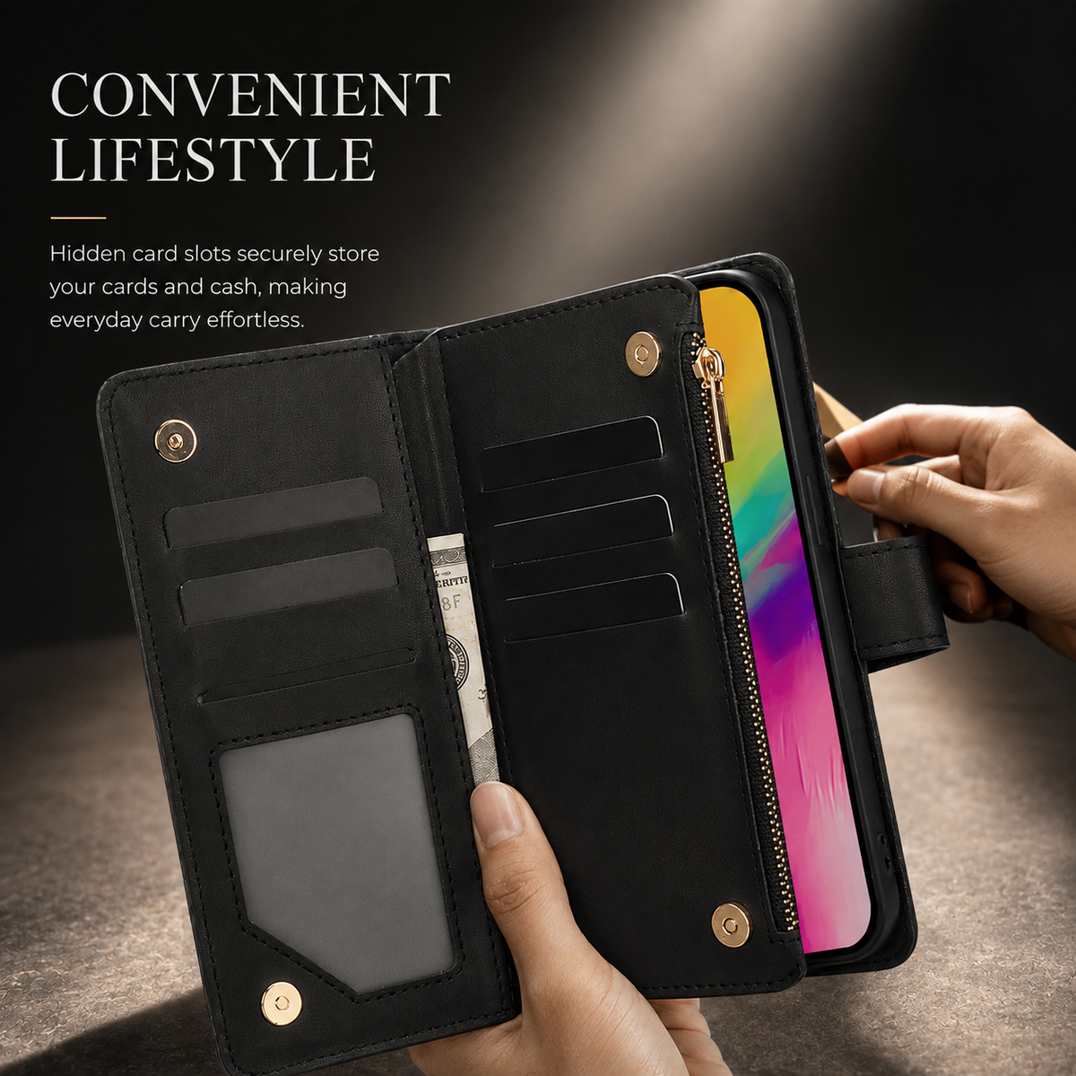 Premium iPhone Case Chain Zipper Wallet Flip Cover Card Holder Magnetic Closure Shockproof Leather Protection Kickstand Crossbody Strap Slim Design