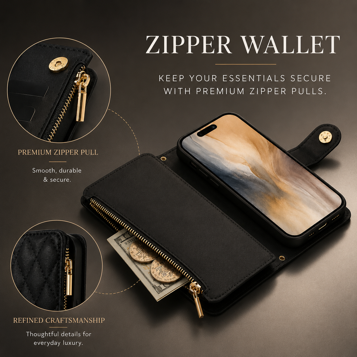 Premium iPhone Case Chain Zipper Wallet Flip Cover Card Holder Magnetic Closure Shockproof Leather Protection Kickstand Crossbody Strap Slim Design
