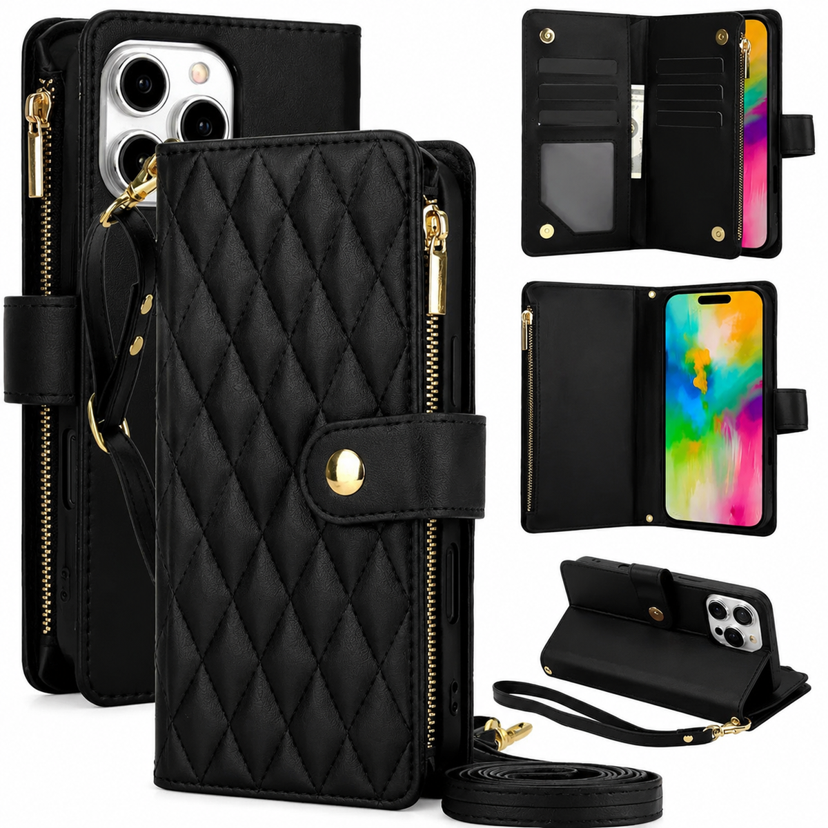 Premium iPhone Case Chain Zipper Wallet Flip Cover Card Holder Magnetic Closure Shockproof Leather Protection Kickstand Crossbody Strap Slim Design