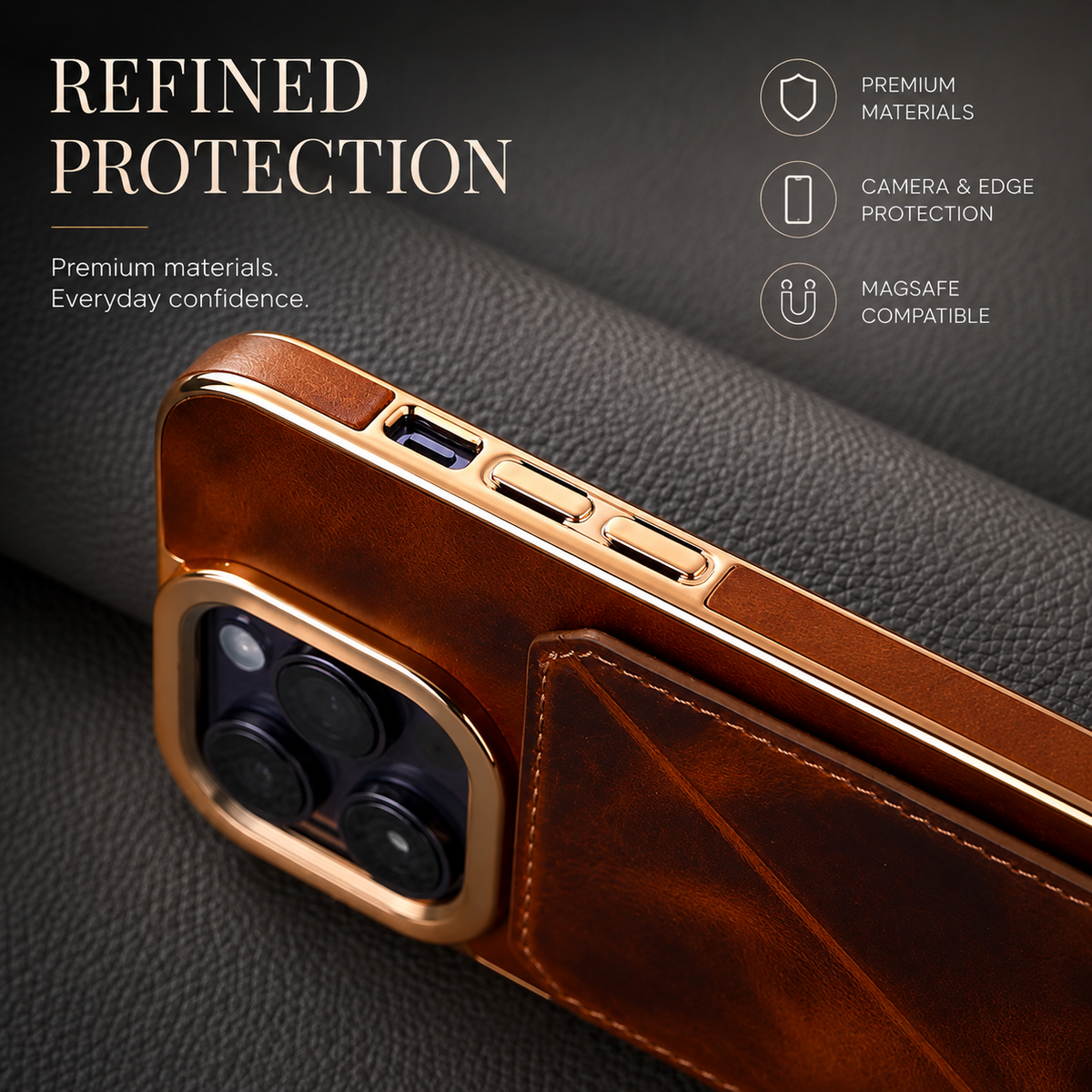 Premium iPhone Case Cowhide Leather Wallet Magnetic Card Holder Plating Frame Shockproof Protective Cover Camera Lens Protection Full Body Slim Design