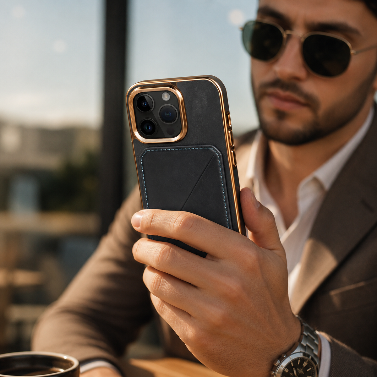 Premium iPhone Case Cowhide Leather Wallet Magnetic Card Holder Plating Frame Shockproof Protective Cover Camera Lens Protection Full Body Slim Design