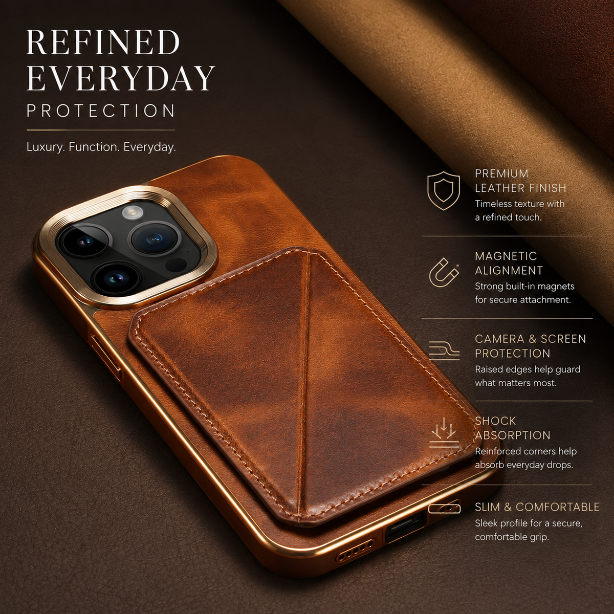 Premium iPhone Case Cowhide Leather Wallet Magnetic Card Holder Plating Frame Shockproof Protective Cover Camera Lens Protection Full Body Slim Design