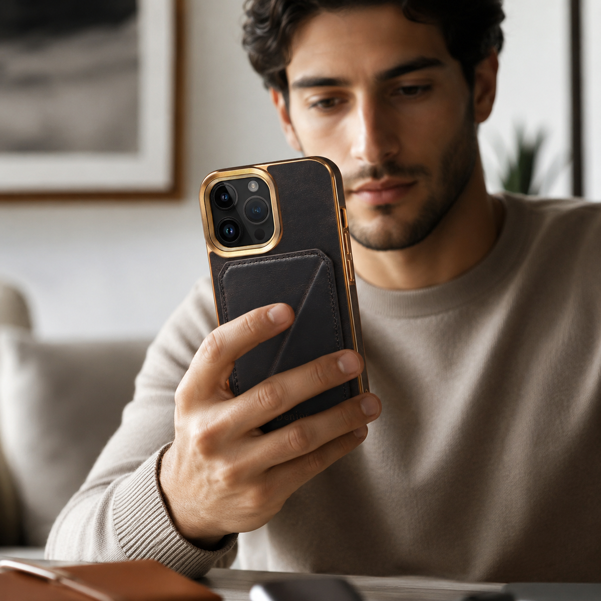 Premium iPhone Case Cowhide Leather Wallet Magnetic Card Holder Plating Frame Shockproof Protective Cover Camera Lens Protection Full Body Slim Design