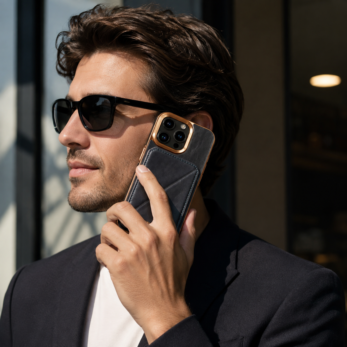 Premium iPhone Case Cowhide Leather Wallet Magnetic Card Holder Plating Frame Shockproof Protective Cover Camera Lens Protection Full Body Slim Design