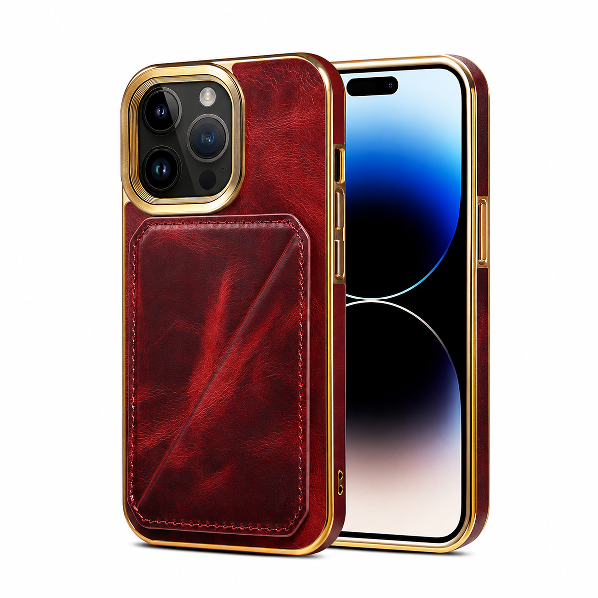 Premium iPhone Case Cowhide Leather Wallet Magnetic Card Holder Plating Frame Shockproof Protective Cover Camera Lens Protection Full Body Slim Design