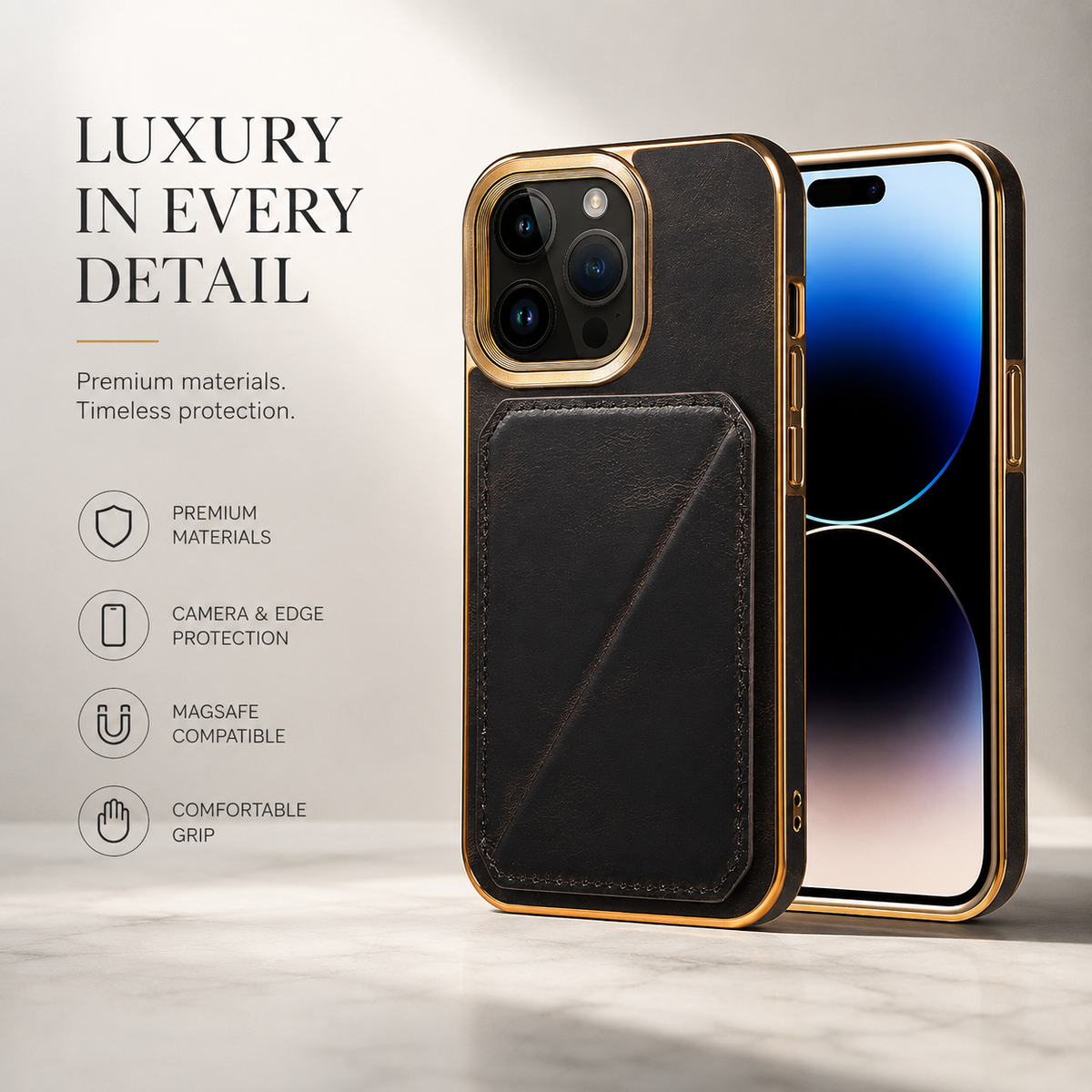 Premium iPhone Case Cowhide Leather Wallet Magnetic Card Holder Plating Frame Shockproof Protective Cover Camera Lens Protection Full Body Slim Design