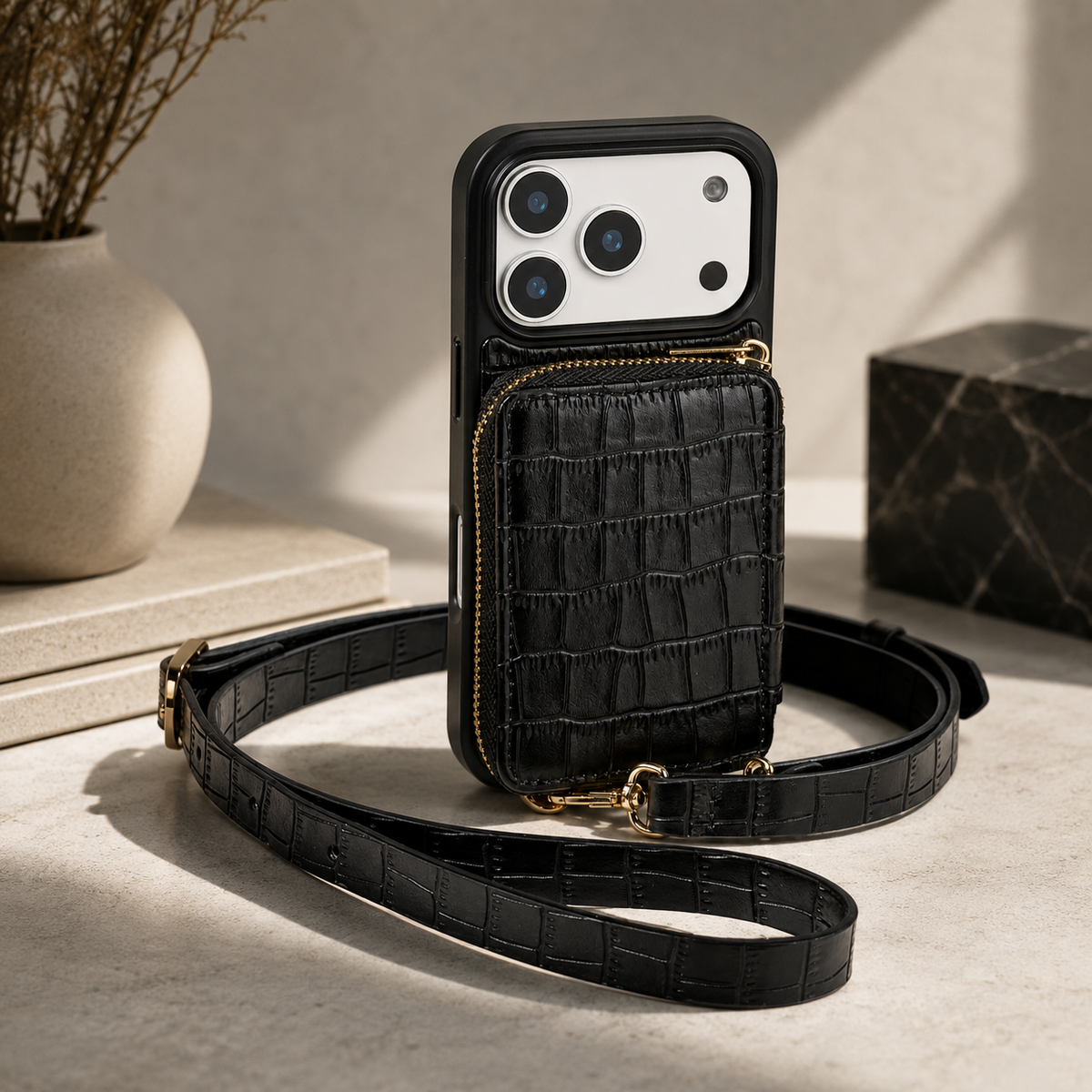 Premium iPhone Case Crocodile Pattern Crossbody Wallet Cover Soft Leather Card Holder Lanyard Anti Fingerprint Slim Protective Design