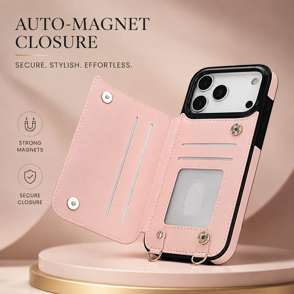Premium iPhone Case Crossbody Leather Wallet RFID Card Holder Zipper Lanyard Strap Shockproof Anti Fingerprint Protective Cover Full Access Slim Carry