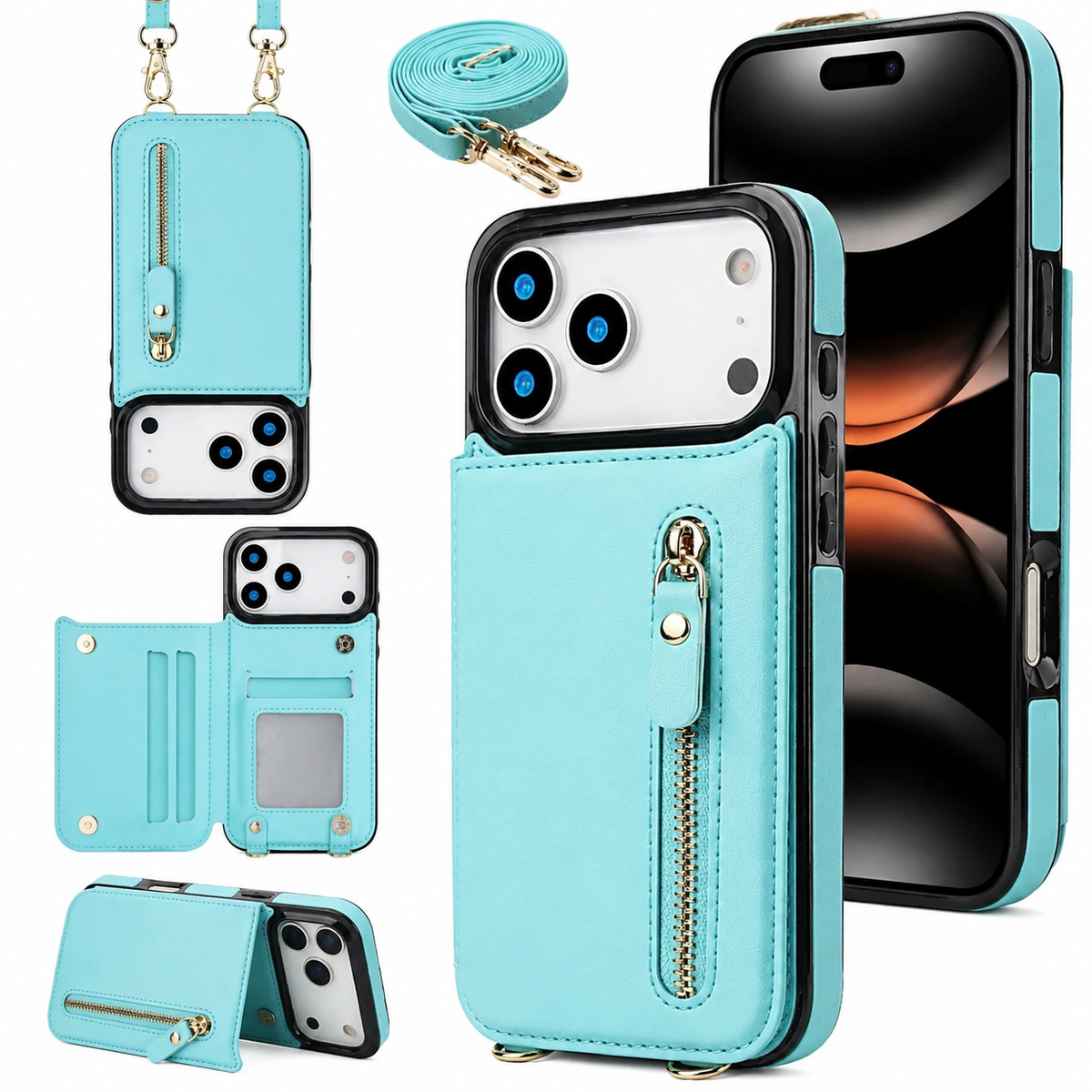 Premium iPhone Case Crossbody Leather Wallet RFID Card Holder Zipper Lanyard Strap Shockproof Anti Fingerprint Protective Cover Full Access Slim Carry