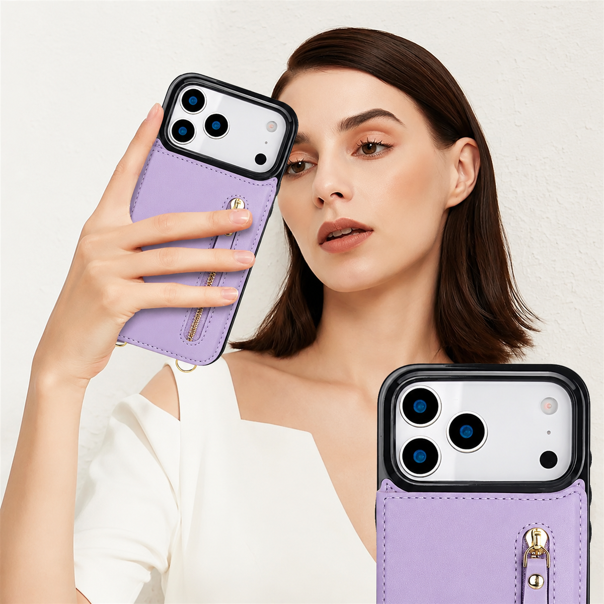 Premium iPhone Case Crossbody Leather Wallet RFID Card Holder Zipper Lanyard Strap Shockproof Anti Fingerprint Protective Cover Full Access Slim Carry