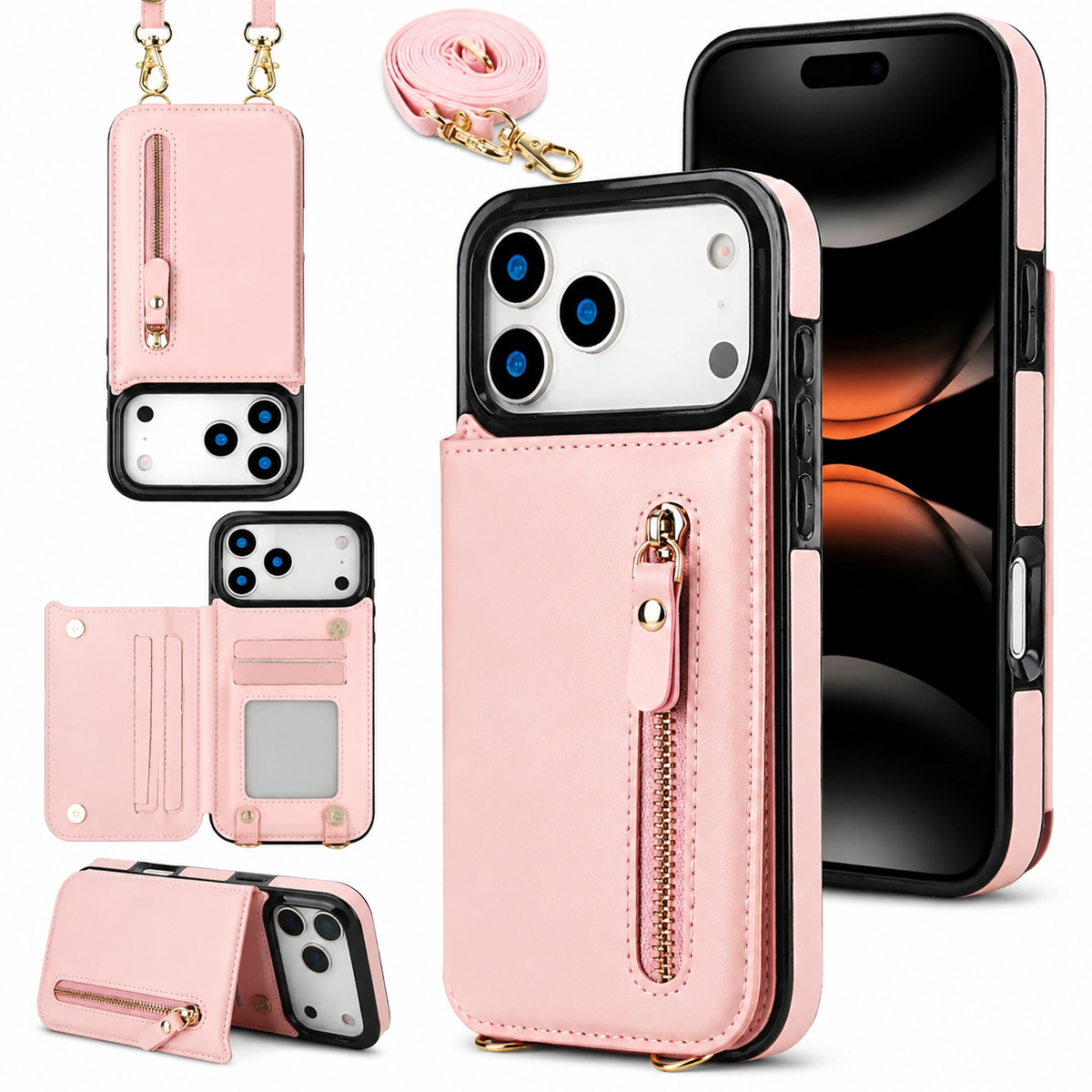 Premium iPhone Case Crossbody Leather Wallet RFID Card Holder Zipper Lanyard Strap Shockproof Anti Fingerprint Protective Cover Full Access Slim Carry
