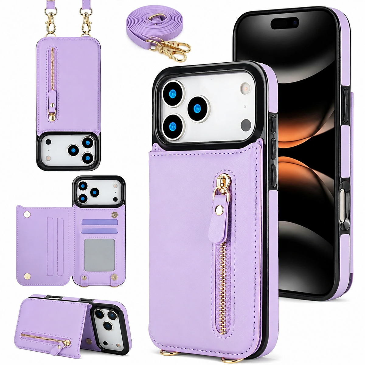 Premium iPhone Case Crossbody Leather Wallet RFID Card Holder Zipper Lanyard Strap Shockproof Anti Fingerprint Protective Cover Full Access Slim Carry