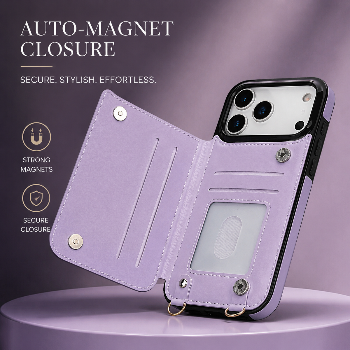 Premium iPhone Case Crossbody Leather Wallet RFID Card Holder Zipper Lanyard Strap Shockproof Anti Fingerprint Protective Cover Full Access Slim Carry