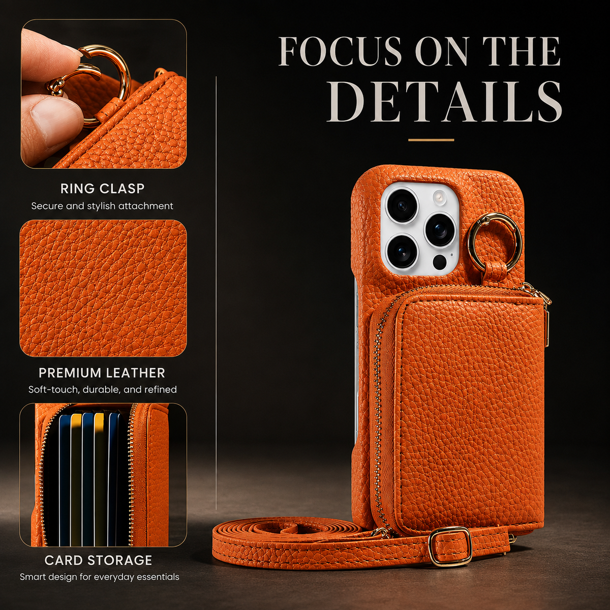 Premium iPhone Case Crossbody Wallet Card Holder Ring Stand Faux Leather Shockproof Protective Cover Full Coverage Adjustable Lanyard Slim Design Grip