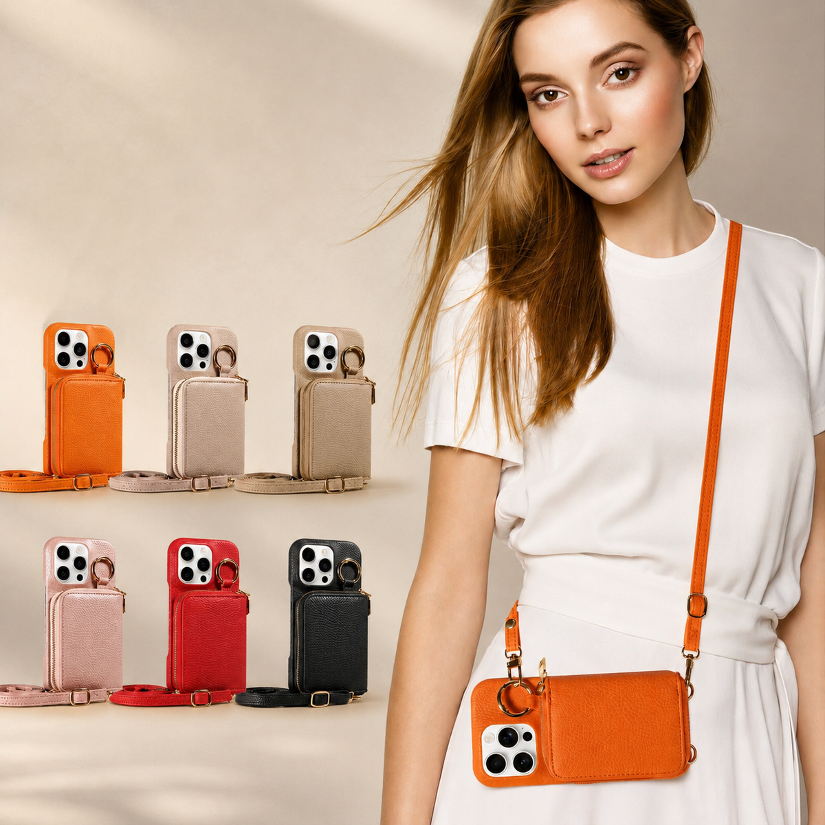 Premium iPhone Case Crossbody Wallet Card Holder Ring Stand Faux Leather Shockproof Protective Cover Full Coverage Adjustable Lanyard Slim Design Grip