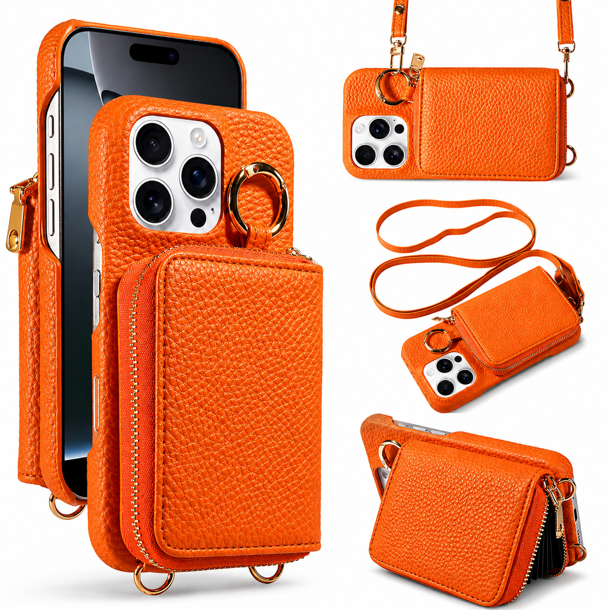 Premium iPhone Case Crossbody Wallet Card Holder Ring Stand Faux Leather Shockproof Protective Cover Full Coverage Adjustable Lanyard Slim Design Grip