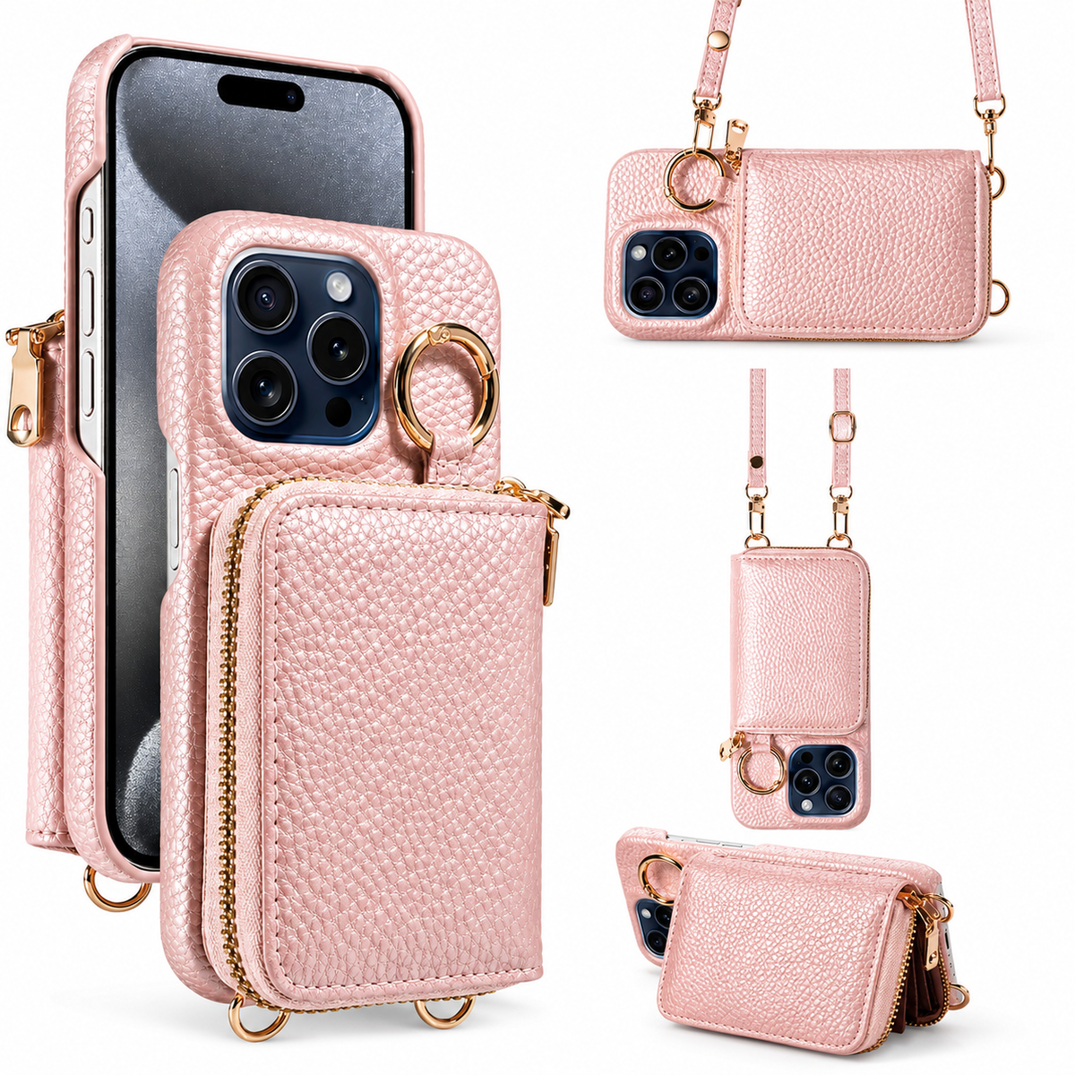 Premium iPhone Case Crossbody Wallet Card Holder Ring Stand Faux Leather Shockproof Protective Cover Full Coverage Adjustable Lanyard Slim Design Grip