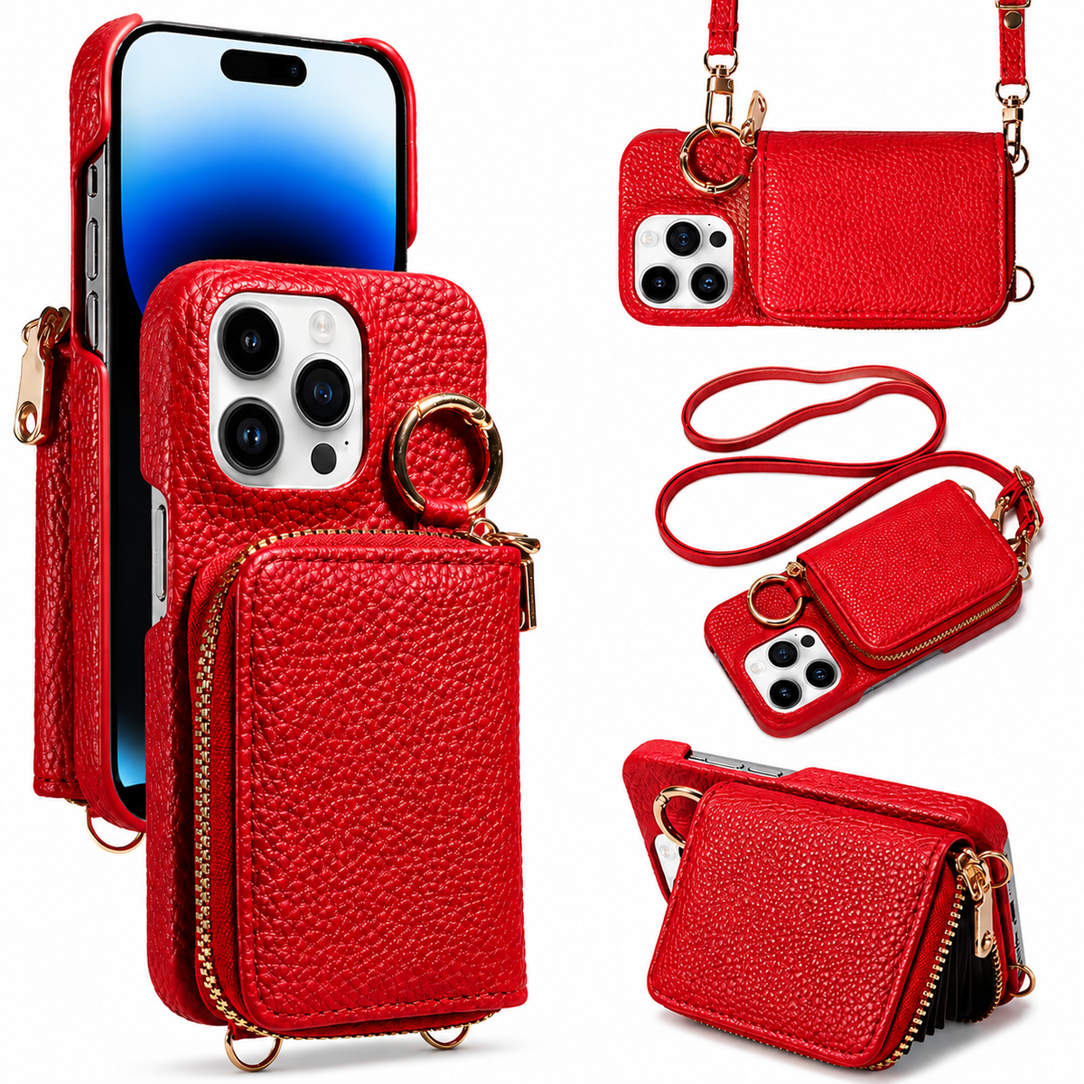 Premium iPhone Case Crossbody Wallet Card Holder Ring Stand Faux Leather Shockproof Protective Cover Full Coverage Adjustable Lanyard Slim Design Grip