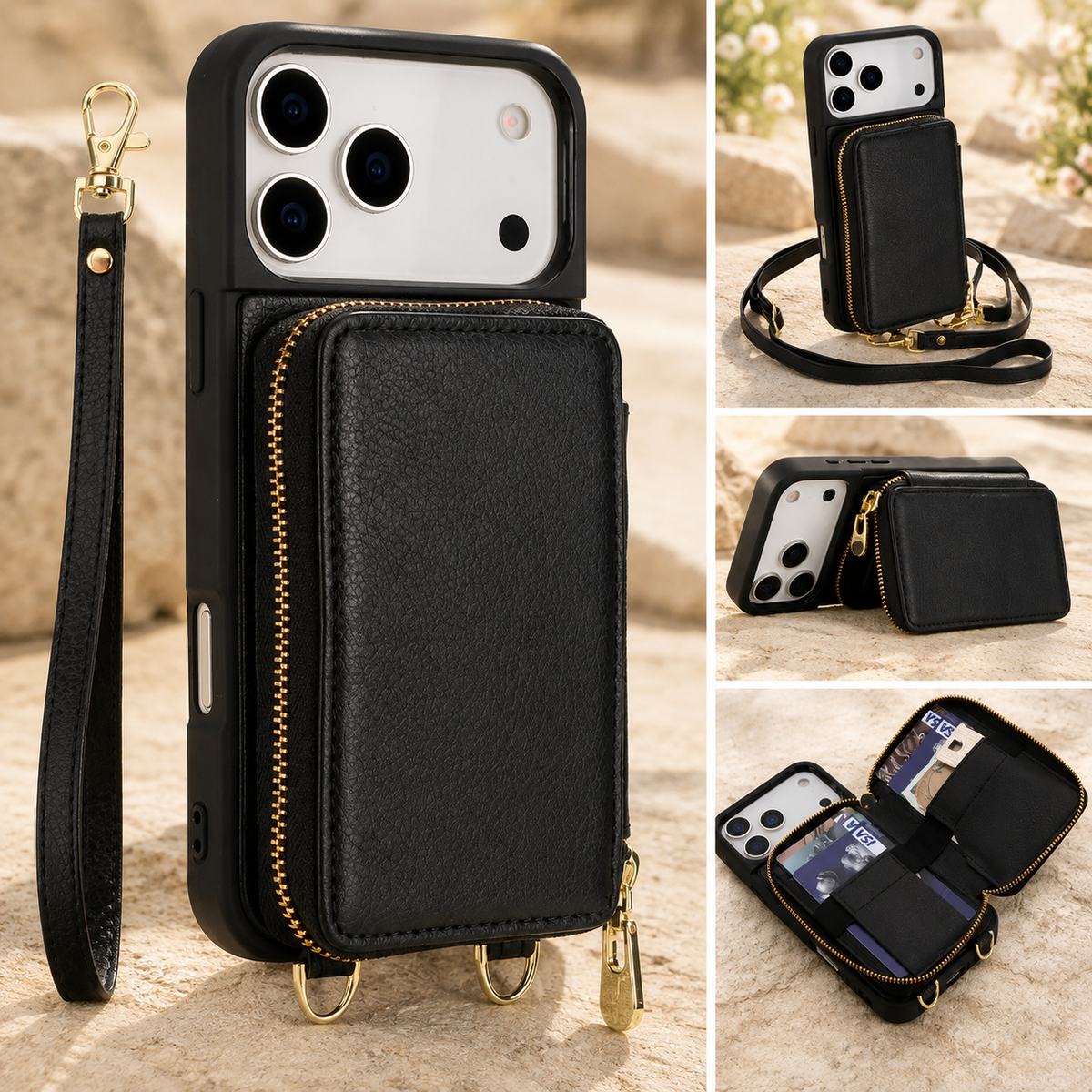 Premium iPhone Case Crossbody Wallet Flip Leather Cover Zipper Card Holder RFID Blocking Shoulder Strap Shockproof Full Coverage Protective Case