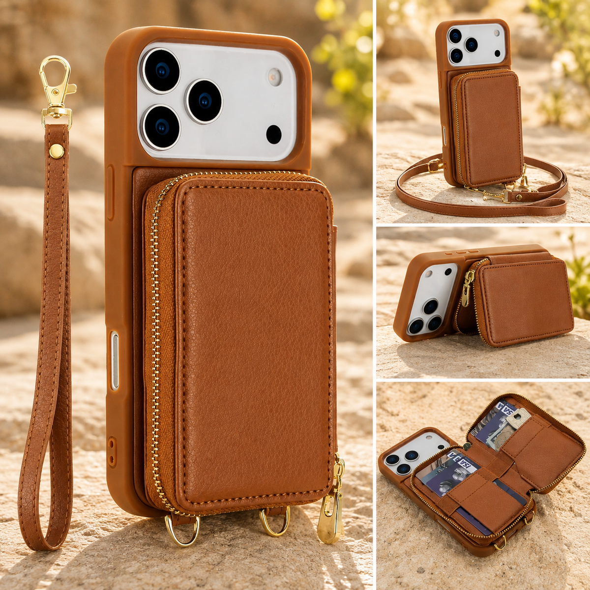 Premium iPhone Case Crossbody Wallet Flip Leather Cover Zipper Card Holder RFID Blocking Shoulder Strap Shockproof Full Coverage Protective Case