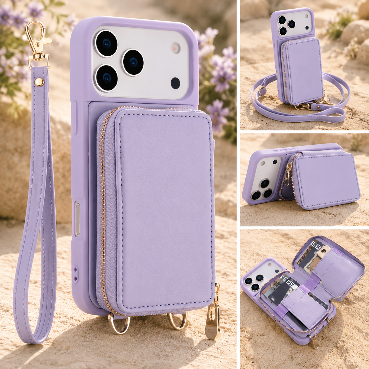 Premium iPhone Case Crossbody Wallet Flip Leather Cover Zipper Card Holder RFID Blocking Shoulder Strap Shockproof Full Coverage Protective Case
