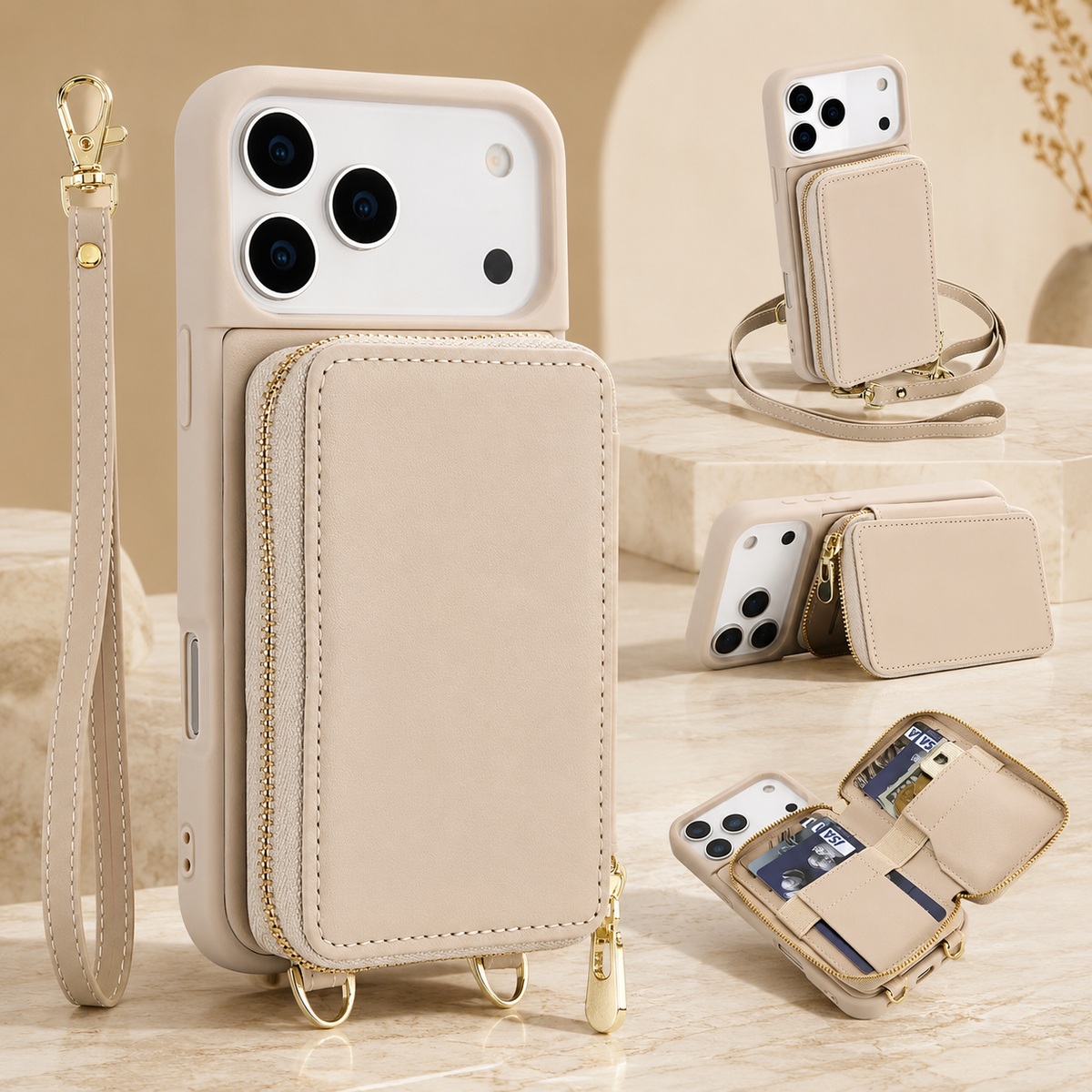 Premium iPhone Case Crossbody Wallet Flip Leather Cover Zipper Card Holder RFID Blocking Shoulder Strap Shockproof Full Coverage Protective Case