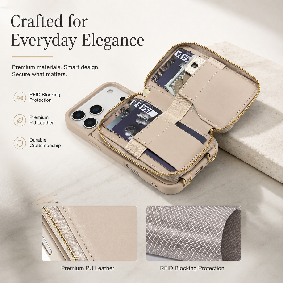 Premium iPhone Case Crossbody Wallet Flip Leather Cover Zipper Card Holder RFID Blocking Shoulder Strap Shockproof Full Coverage Protective Case