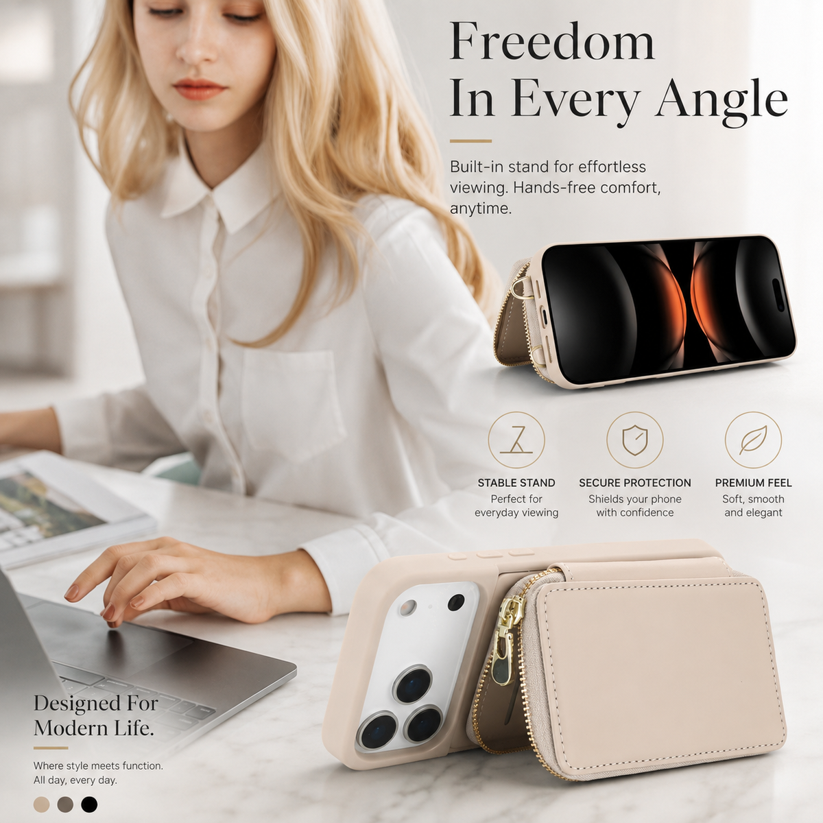 Premium iPhone Case Crossbody Wallet Flip Leather Cover Zipper Card Holder RFID Blocking Shoulder Strap Shockproof Full Coverage Protective Case