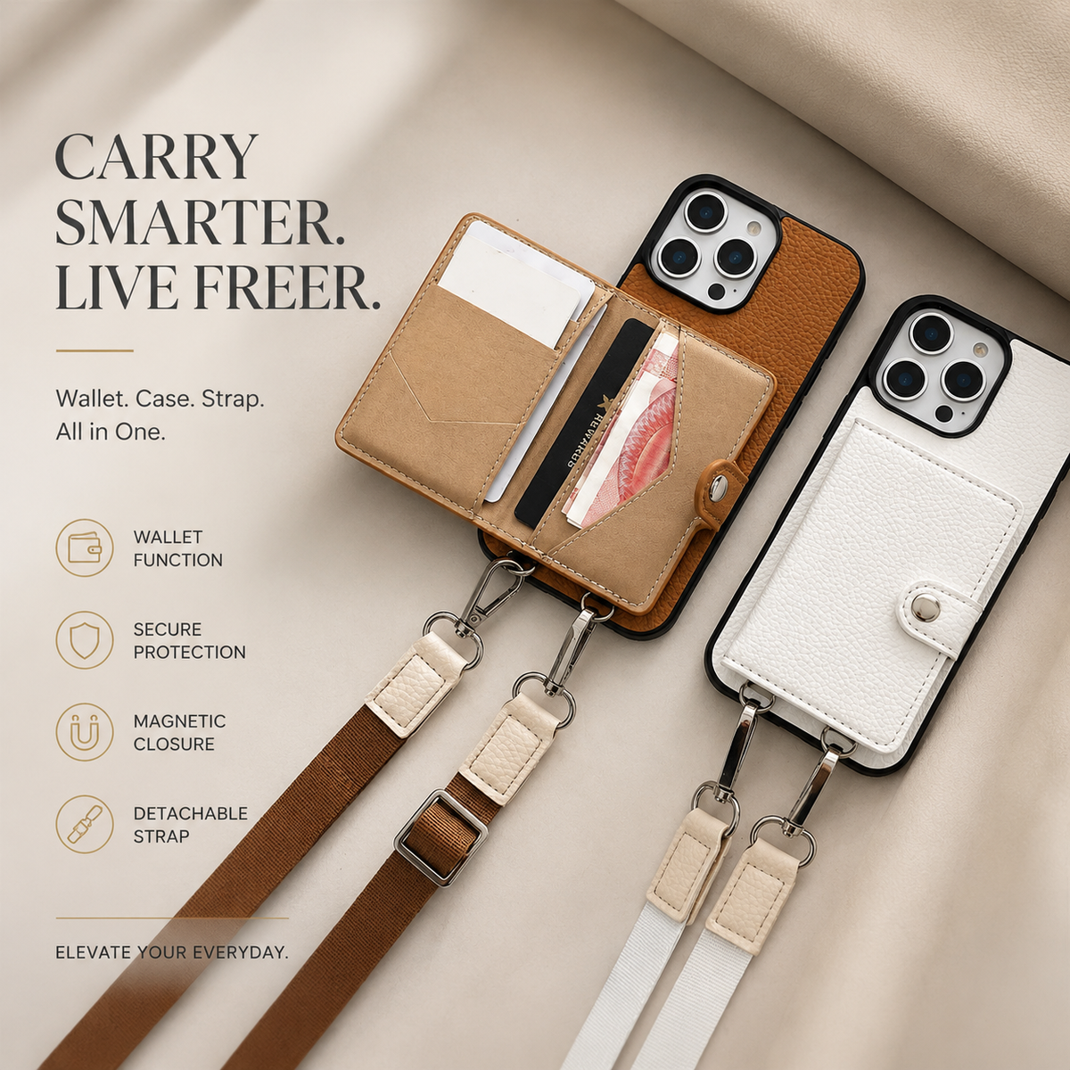 Premium iPhone Case Crossbody Wallet Purse Card Slot Coin Pocket RFID Protection Leather Strap MagSafe Compatible Shockproof Full Body Slim Design Use