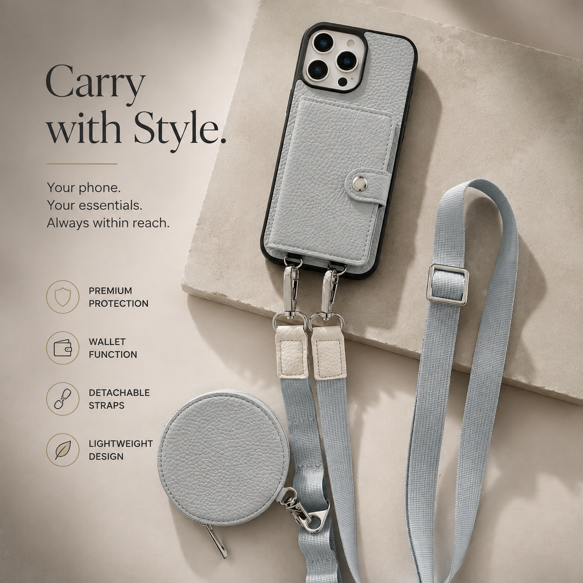 Premium iPhone Case Crossbody Wallet Purse Card Slot Coin Pocket RFID Protection Leather Strap MagSafe Compatible Shockproof Full Body Slim Design Use
