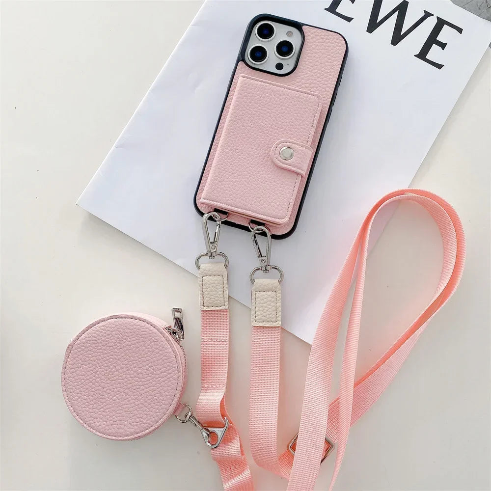 Premium iPhone Case Crossbody Wallet Purse Card Slot Coin Pocket RFID Protection Leather Strap MagSafe Compatible Shockproof Full Body Slim Design Use