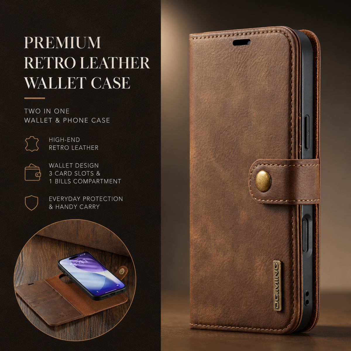 Premium iPhone Case Detachable Magnetic Leather Wallet Cover Card Holder Flip Design Full Body Protective Slim Case for Daily Carry and Travel Use Now