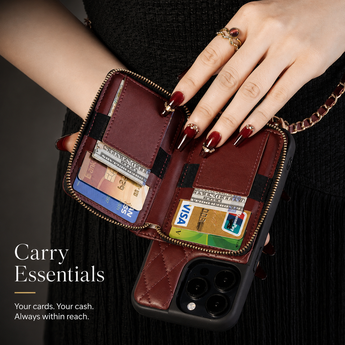 Premium iPhone Case Diamond Stitch Crossbody Wallet Card Holder Chain Strap Shockproof Leather Non Slip Portable Protective Phone Bag Clean Design Use