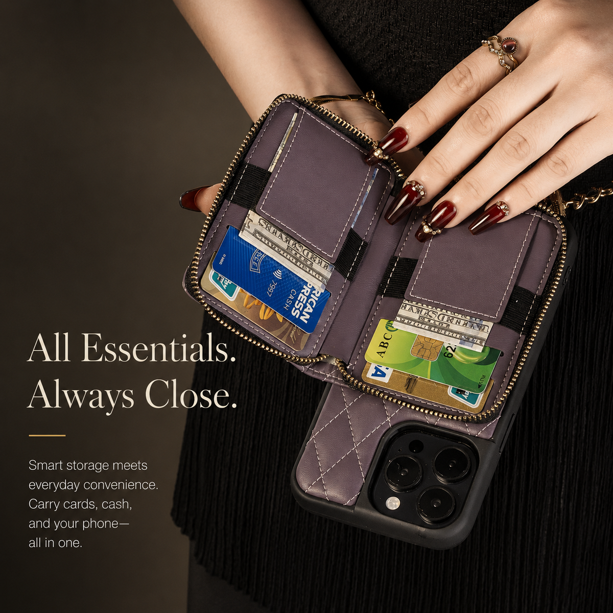 Premium iPhone Case Diamond Stitch Crossbody Wallet Card Holder Chain Strap Shockproof Leather Non Slip Portable Protective Phone Bag Clean Design Use