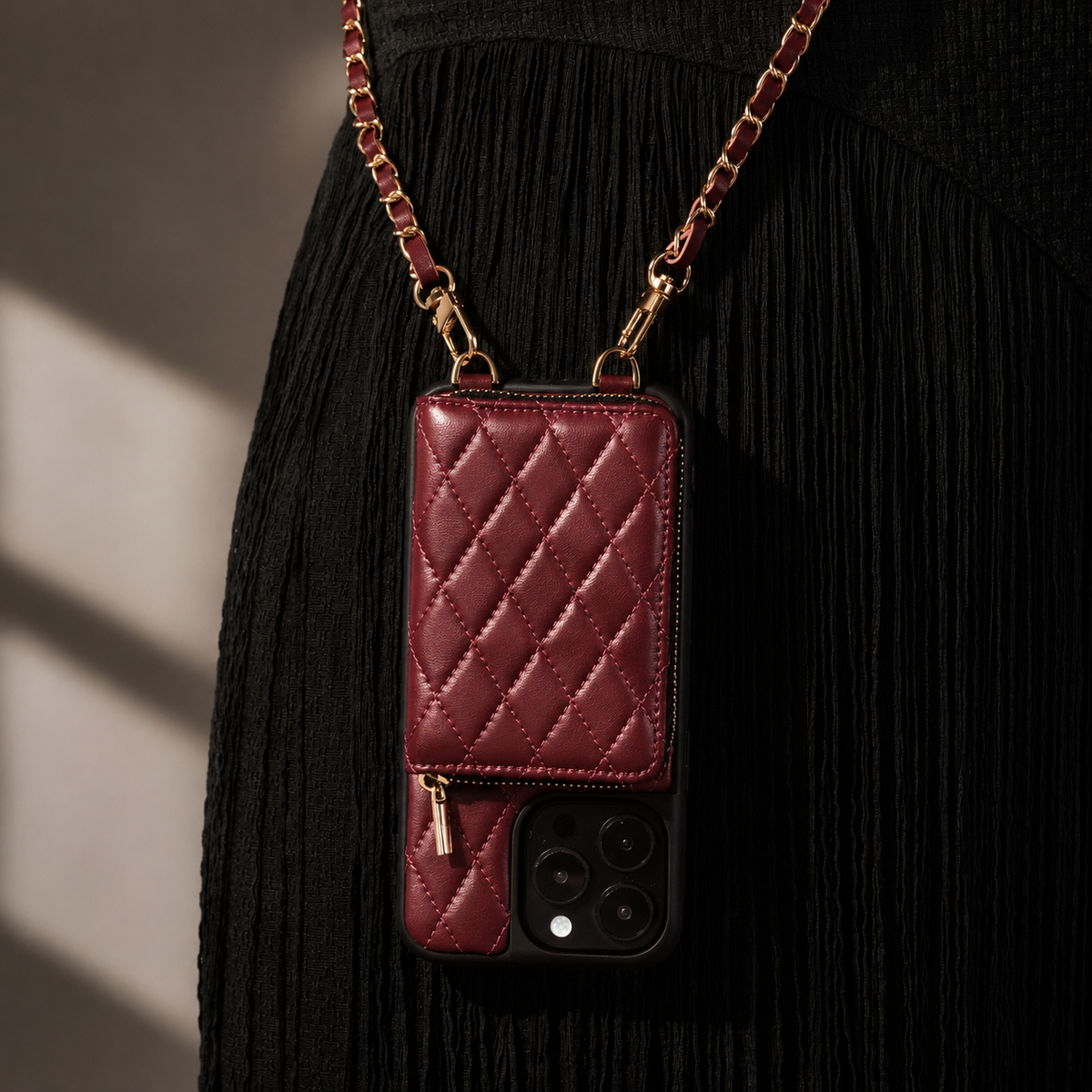 Premium iPhone Case Diamond Stitch Crossbody Wallet Card Holder Chain Strap Shockproof Leather Non Slip Portable Protective Phone Bag Clean Design Use