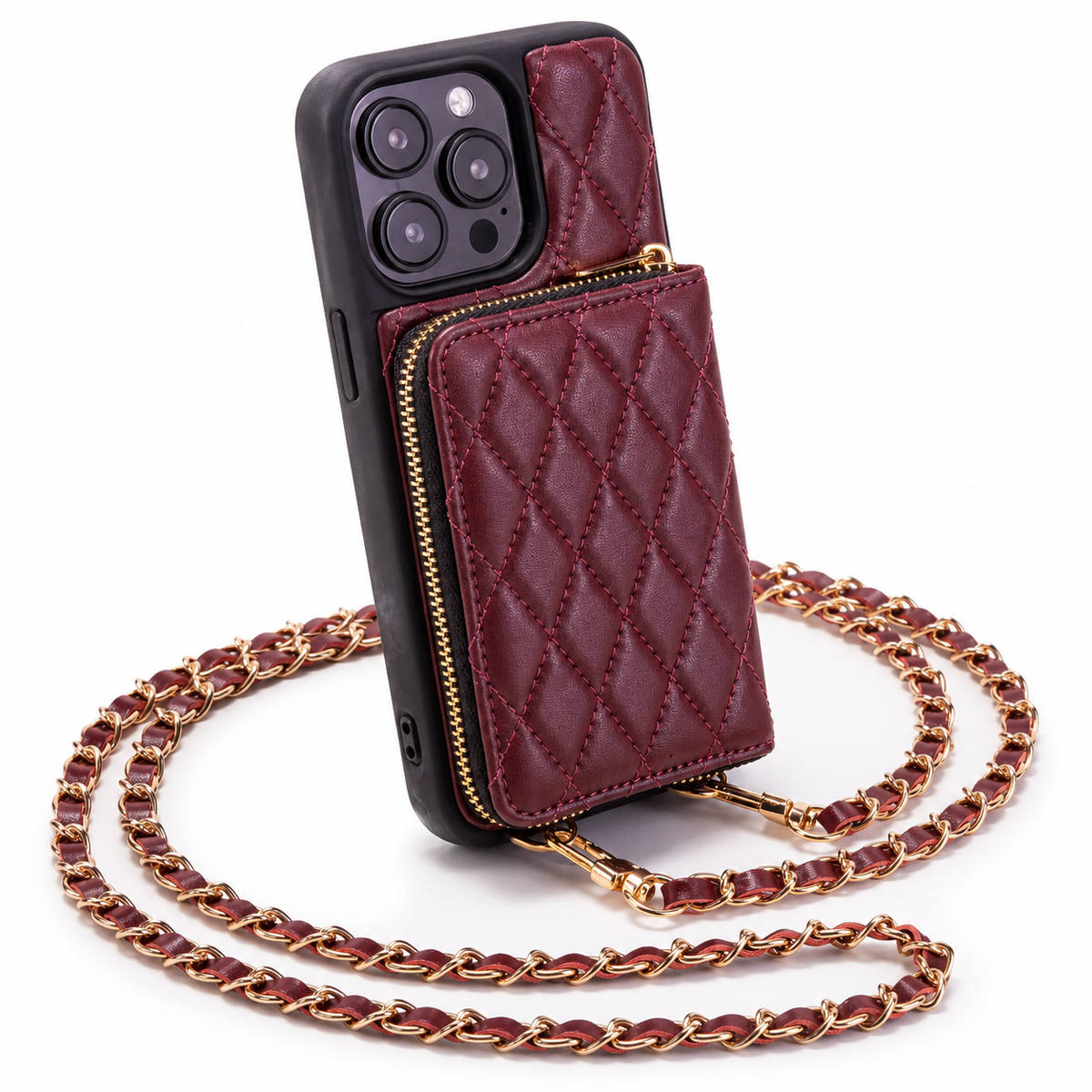 Premium iPhone Case Diamond Stitch Crossbody Wallet Card Holder Chain Strap Shockproof Leather Non Slip Portable Protective Phone Bag Clean Design Use